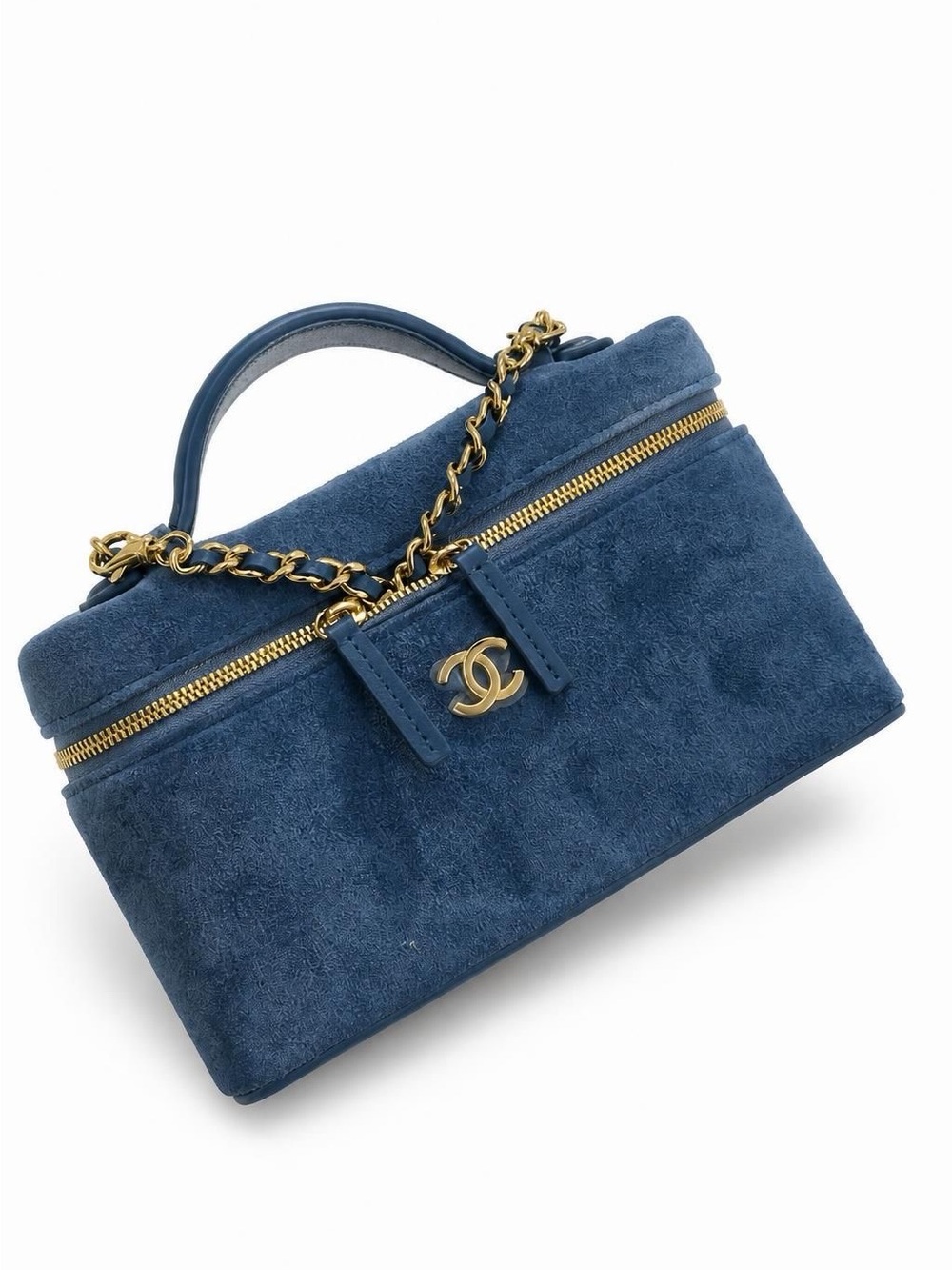 CHANEL Blue Suede Vanity Case with Gold Hardware